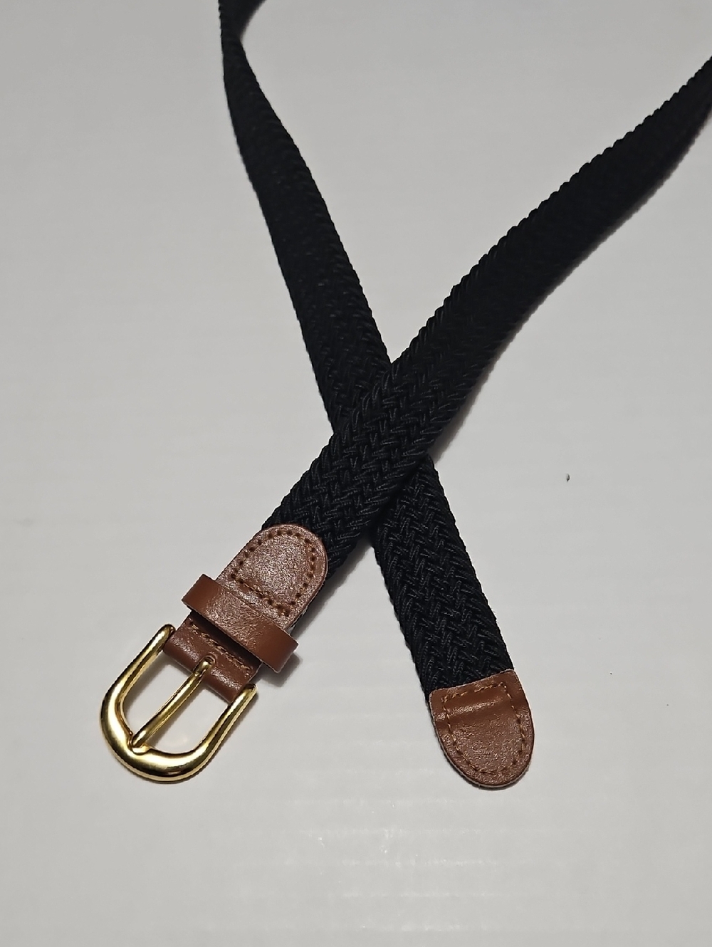 Women's Black Braided Belt with Brown Leather Trim Size M 34"